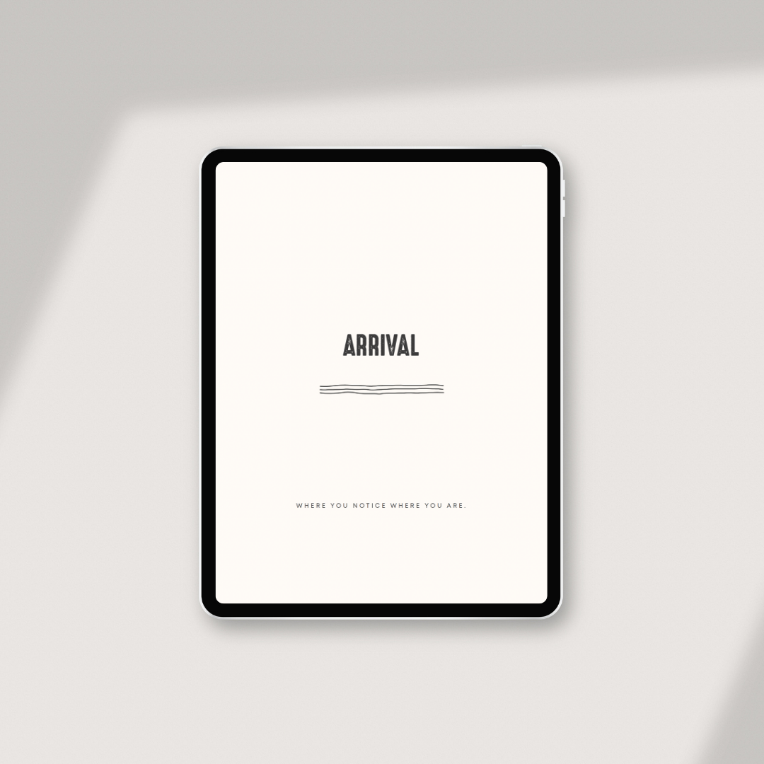 Digital tablet displaying a minimalist design with text on a white background