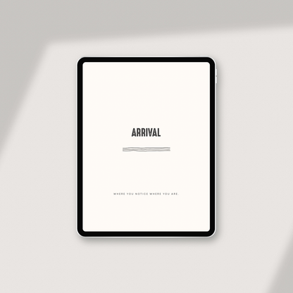 Digital tablet displaying a minimalist design with text on a white background