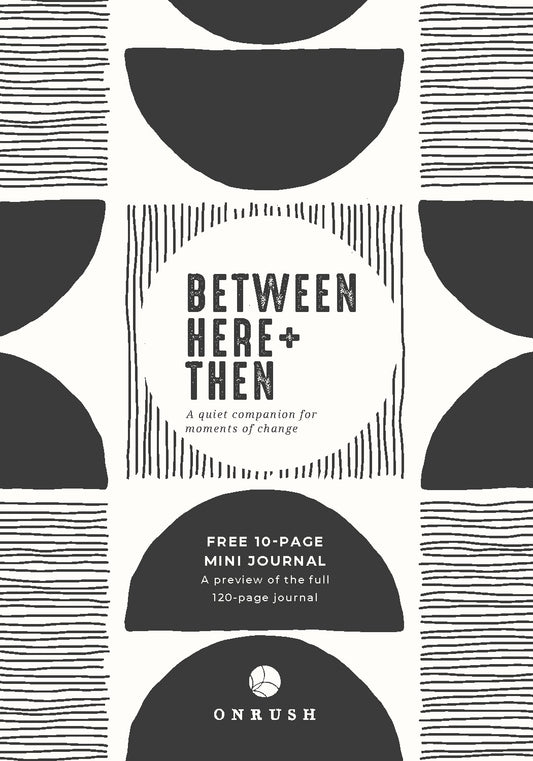 Promotional graphic for 'Between Here + Then' mini journal with black and white pattern